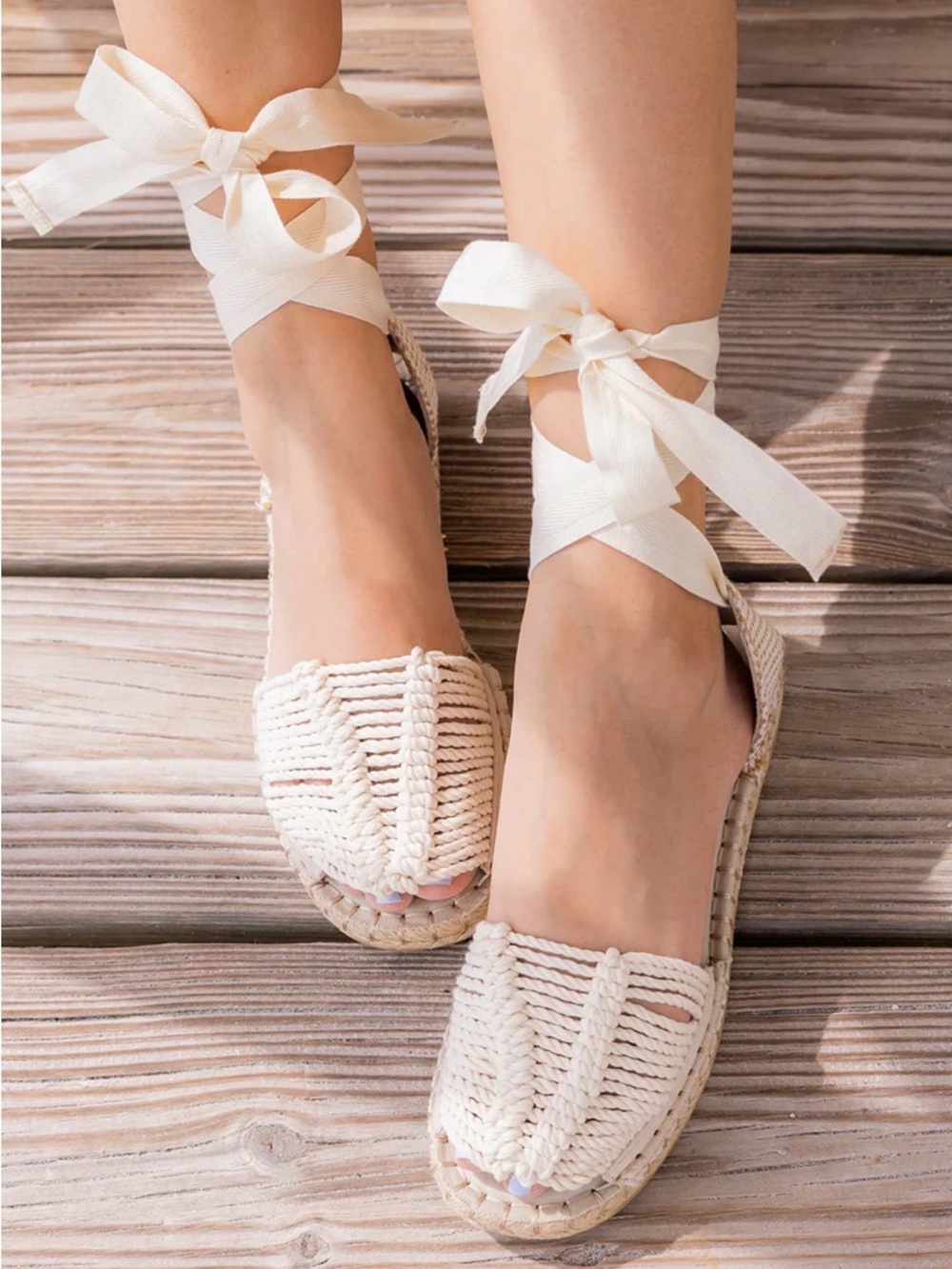 MIA Cream Crochet Espadrille Ankle-Tie Sandals